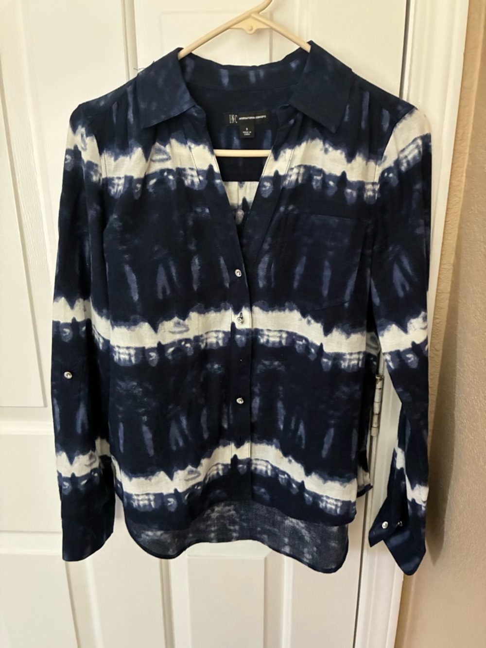INC International Concepts Navy and White Tie-Dye Button-Down